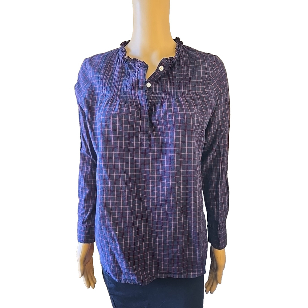 J. Crew Mercantile Women's Navy Red Pin-Tuck Ruffle 1/4 Button Top Size 2